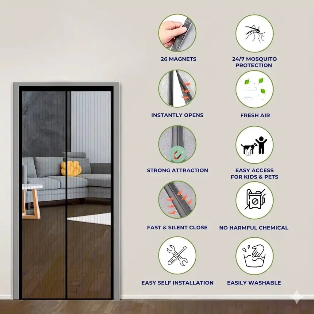Magnetic Mosquito Net Door Curtain (Polyester) – Auto Close Mesh 190x100 cm (6.2 x 3.2 ft)